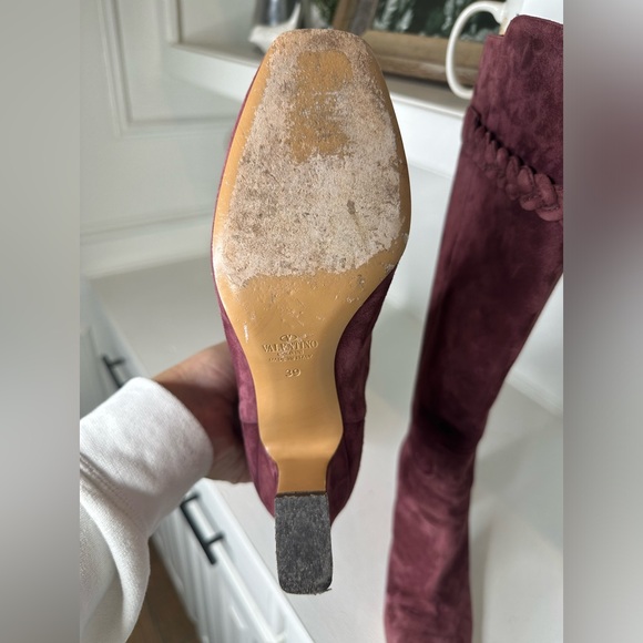 Valentino Garavani Suede Knee-High Boots Braided Strap | Wine Burgundy – Size 9 - Picture 8 of 13